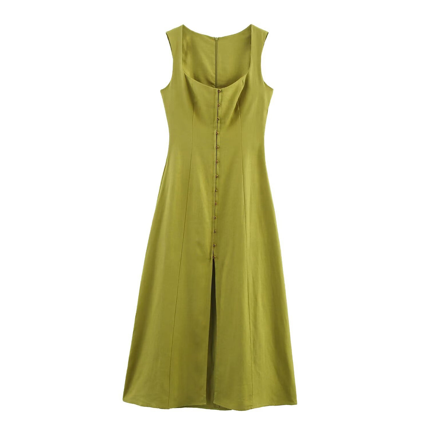 Paige | Square Neck Wide Strap Gold Button Front Split Linen Midi Dress