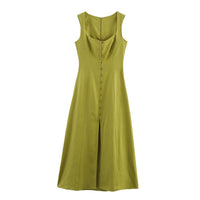 Paige | Square Neck Wide Strap Gold Button Front Split Linen Midi Dress