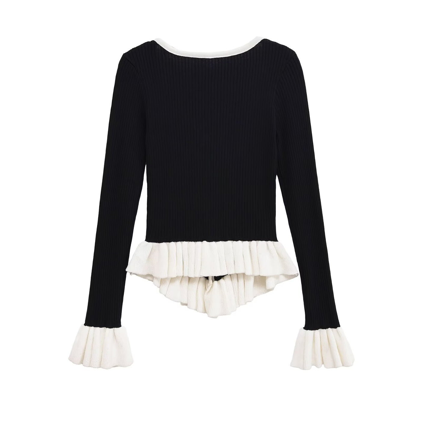 Harper | V-Neck Contrast Peplum Hem Ruffle Cuff Button Front Fitted Ribbed Knit Top