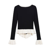 Harper | V-Neck Contrast Peplum Hem Ruffle Cuff Button Front Fitted Ribbed Knit Top