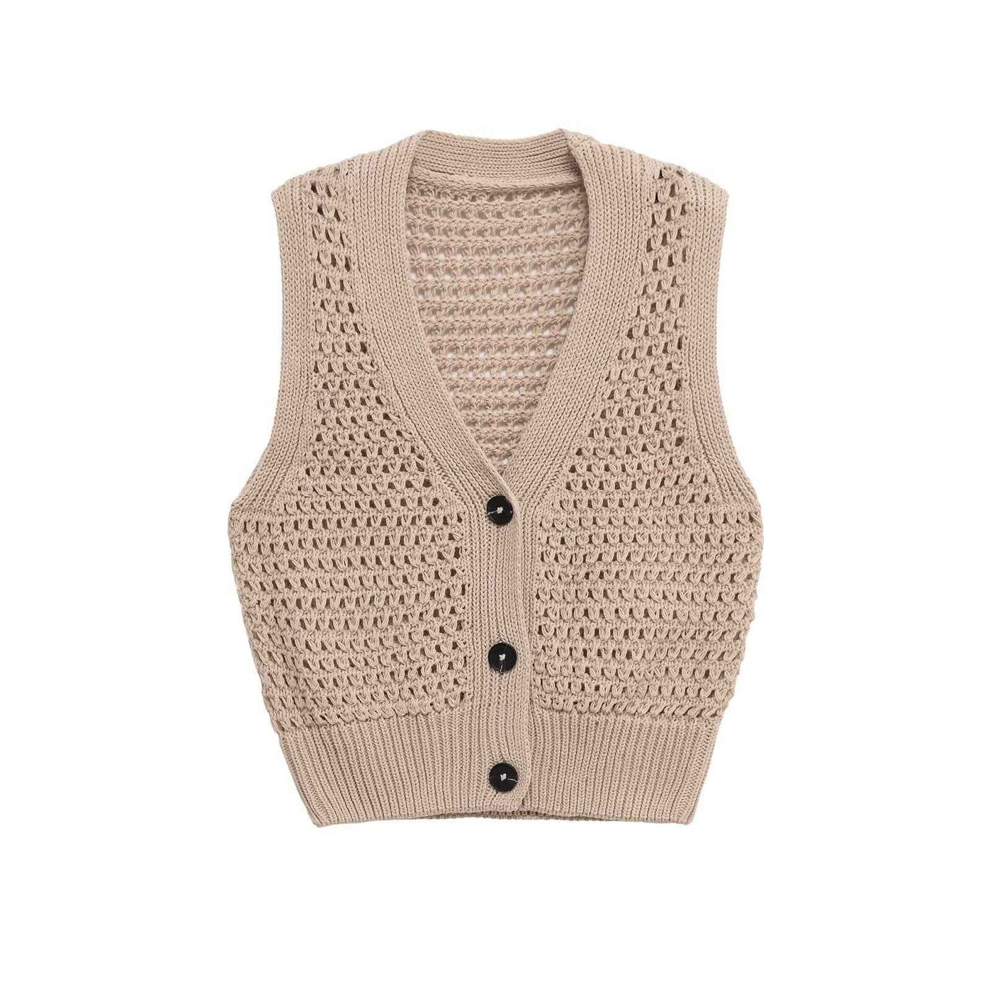 Rosa | Crochet Knitted Cardigan Beige Sleeveless V Neck Button Front