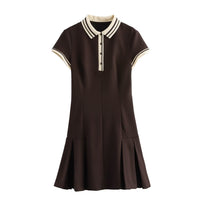Tessa | Stripe Polo Collar Button Placket Pleated Skirt A-Line Mini Shirt Dress