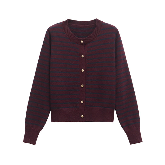 Vera | Striped Crew Neck Cardigan Burgundy Long Sleeve Fitted