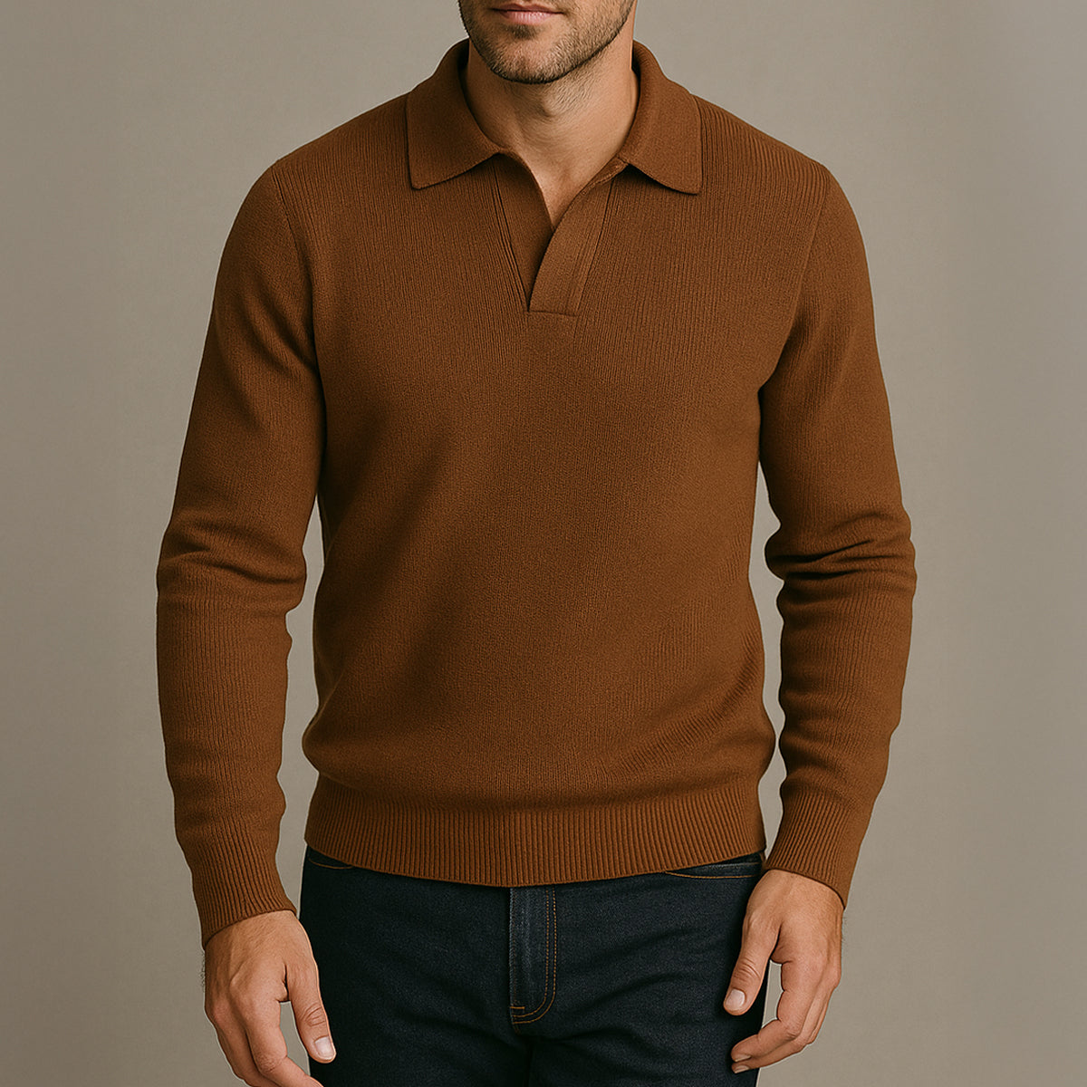 Enzo | Men's Knitted Long Sleeve Open Collar Polo Jumper