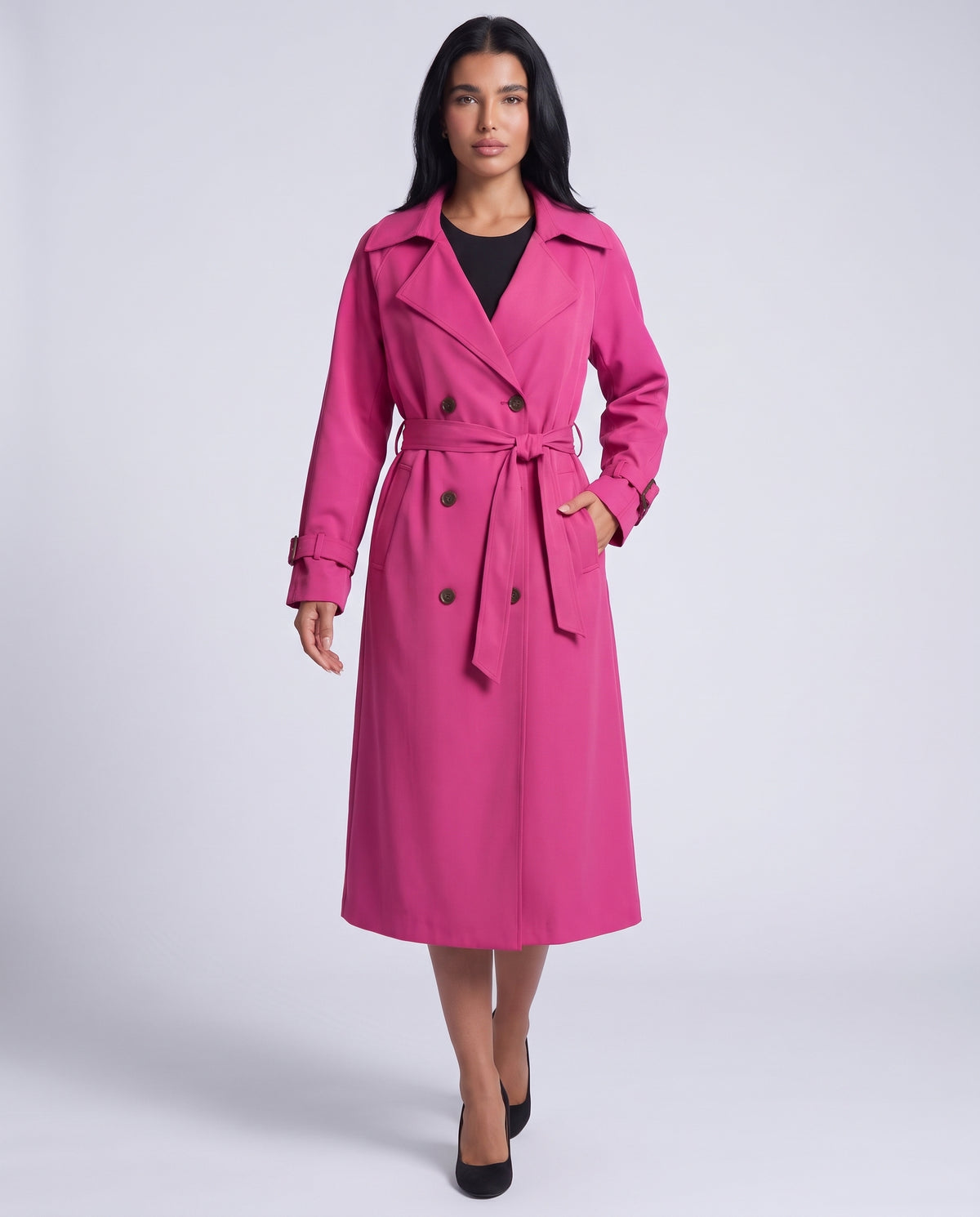 Marlowe longline belted trench coat in Purple Pink - front view 2
