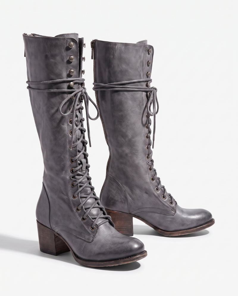 Cressida Lace-Up Leather Combat Boots Grey