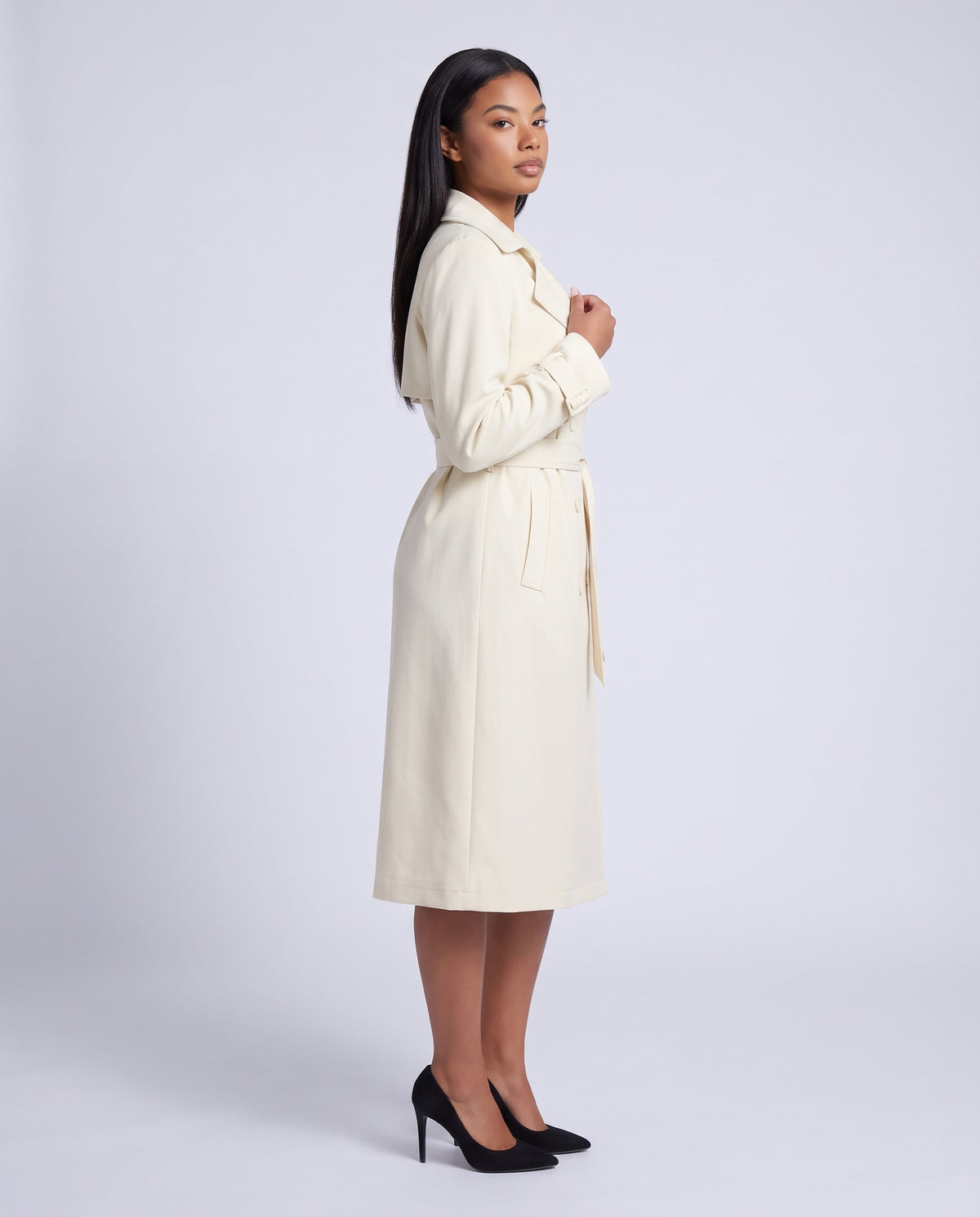 Bridget longline belted trench coat in Creamy White - front view 2