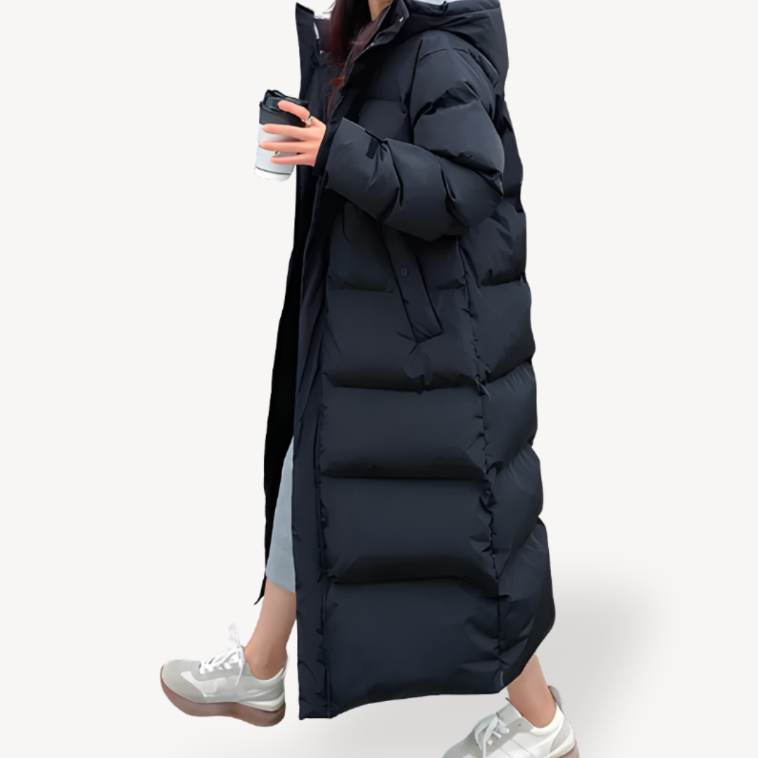 Theodora longline quilted hooded puffer jacket detail view 3