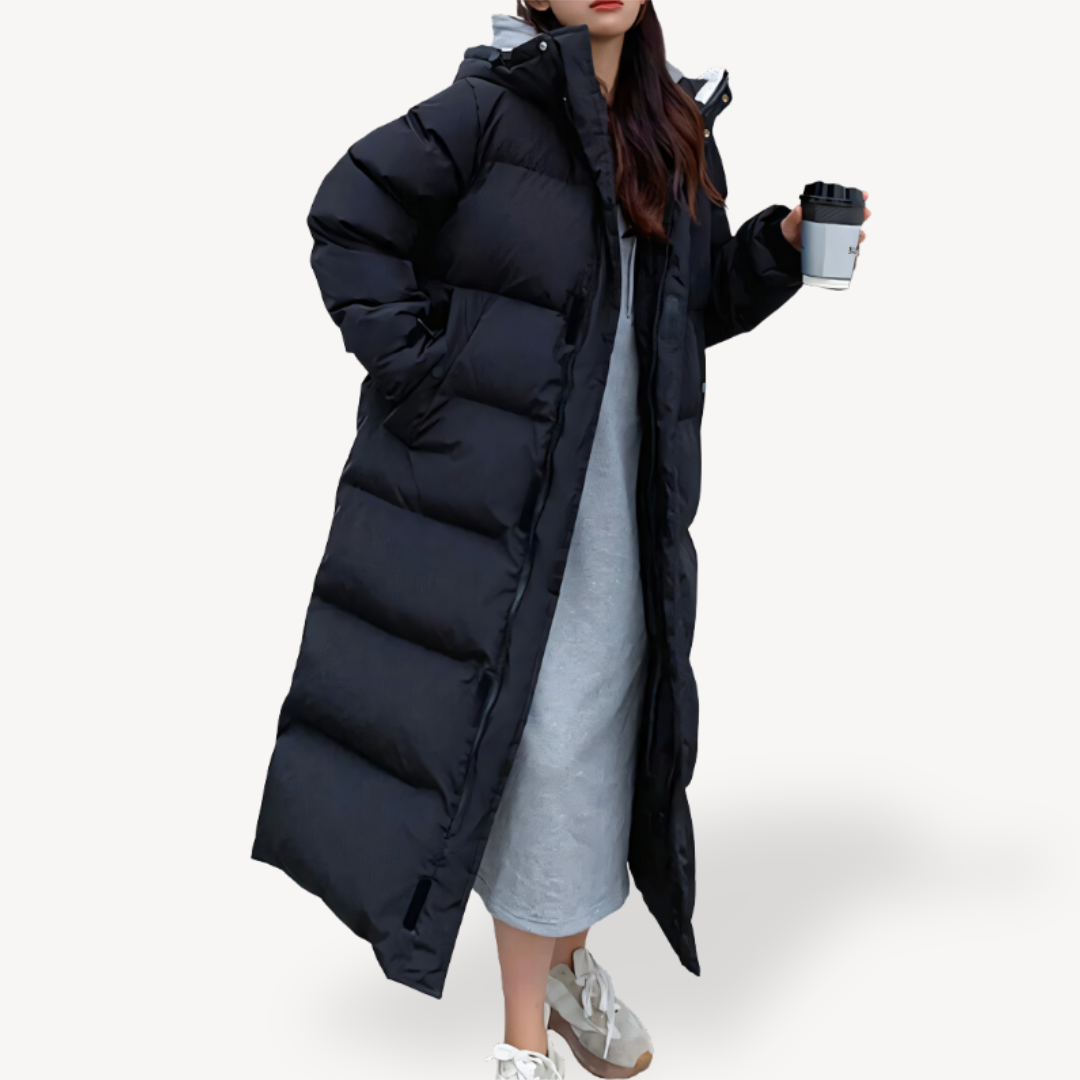 Theodora | Women's Longline Quilted Hooded Puffer Jacket Black and White