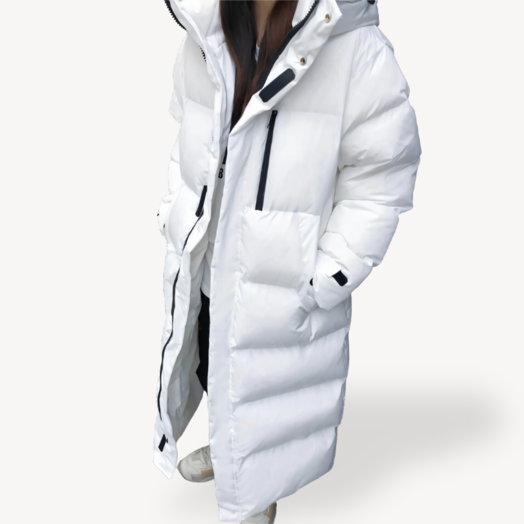 Theodora | Women's Longline Quilted Hooded Puffer Jacket Black and White