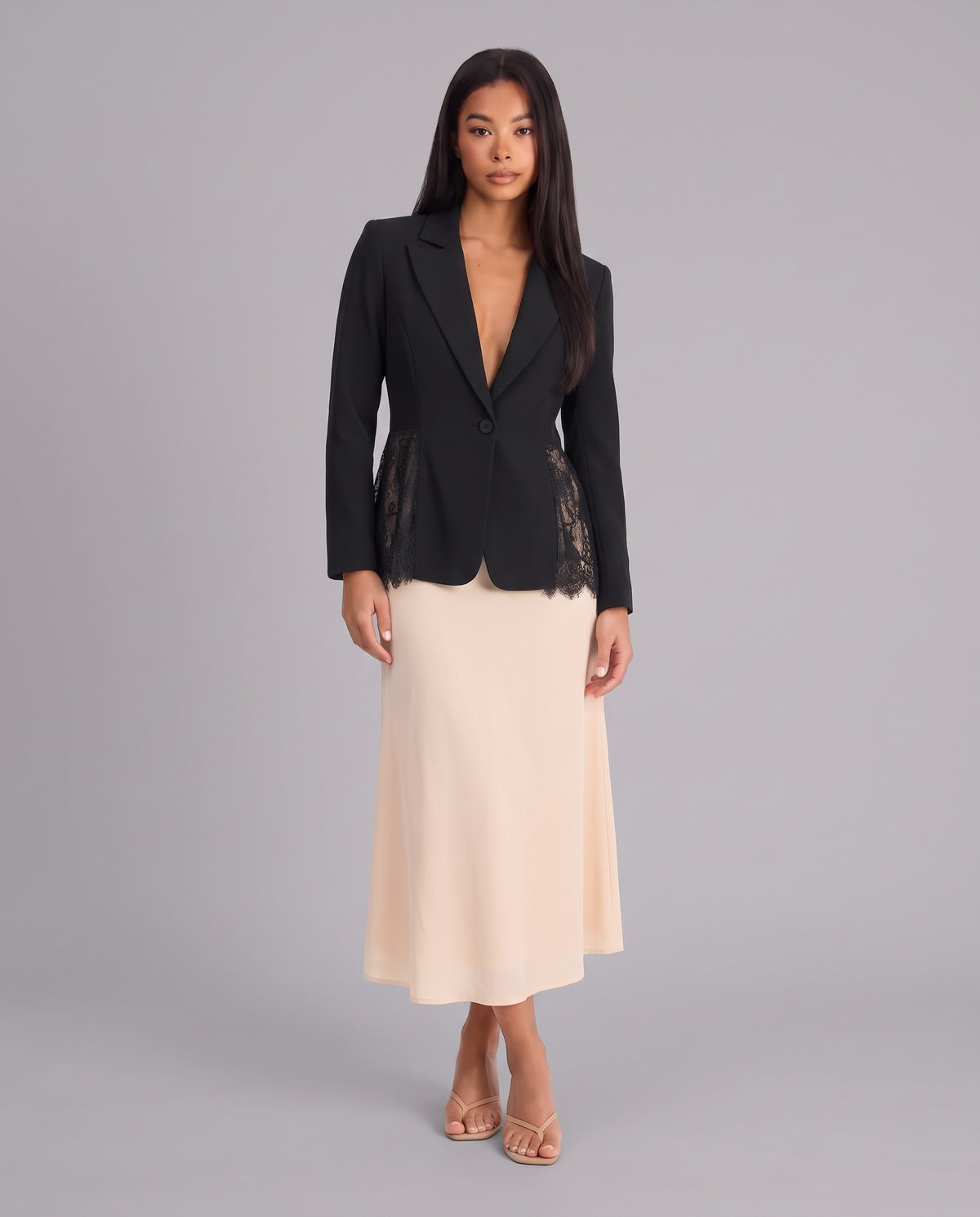 Imogen Lace Panel Tailored Blazer - Black - front