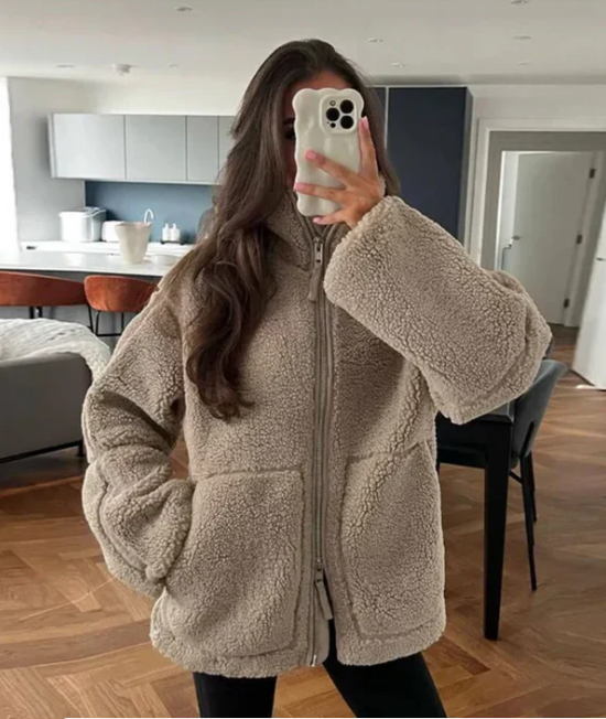 Loveday | Women's Teddy Zip-Up Coat White and Brown