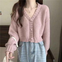 Lalage | Women's V-Neck Fitted Cardigan Ruffle Trim
