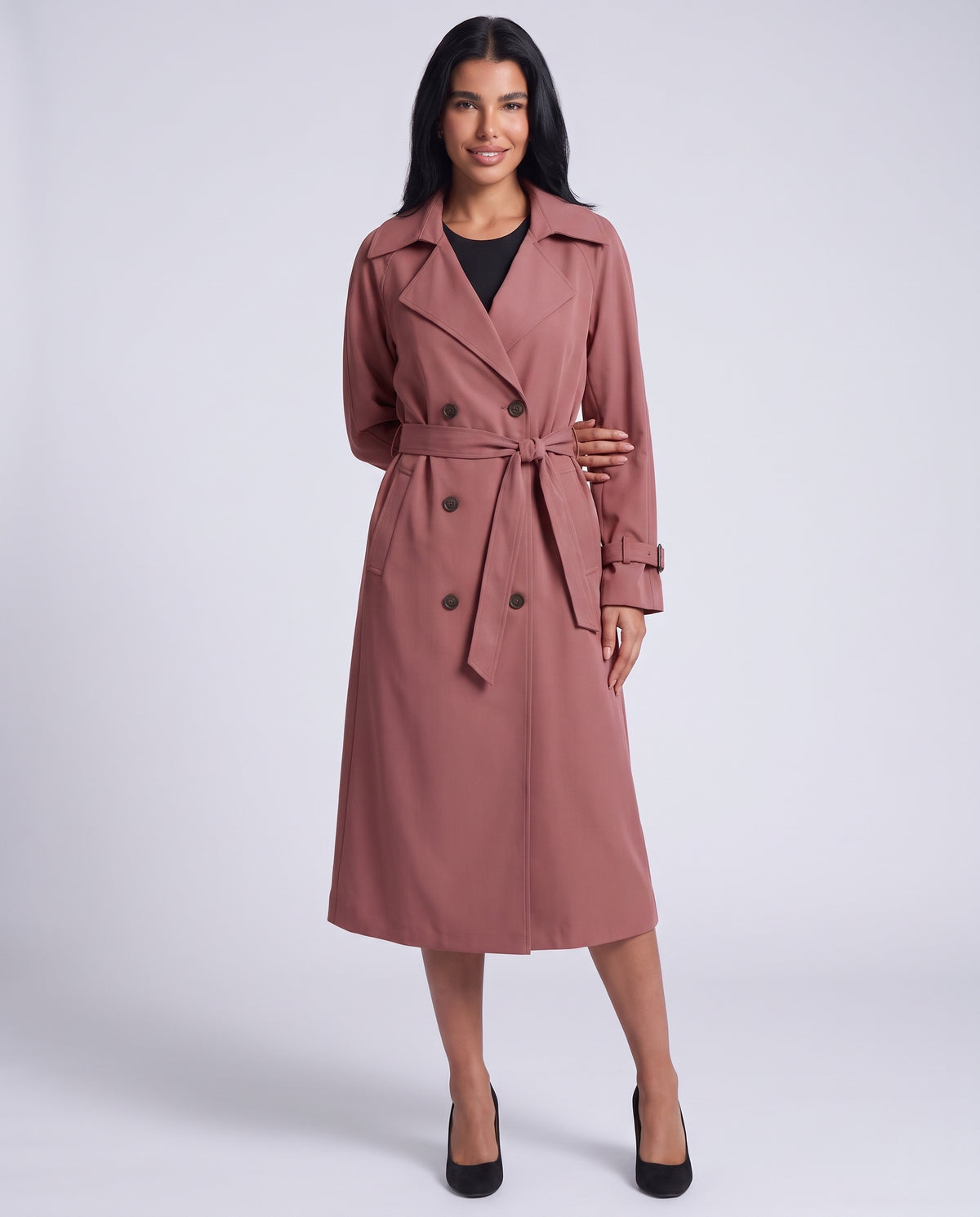 Marlowe longline belted trench coat in Pink - front view 2