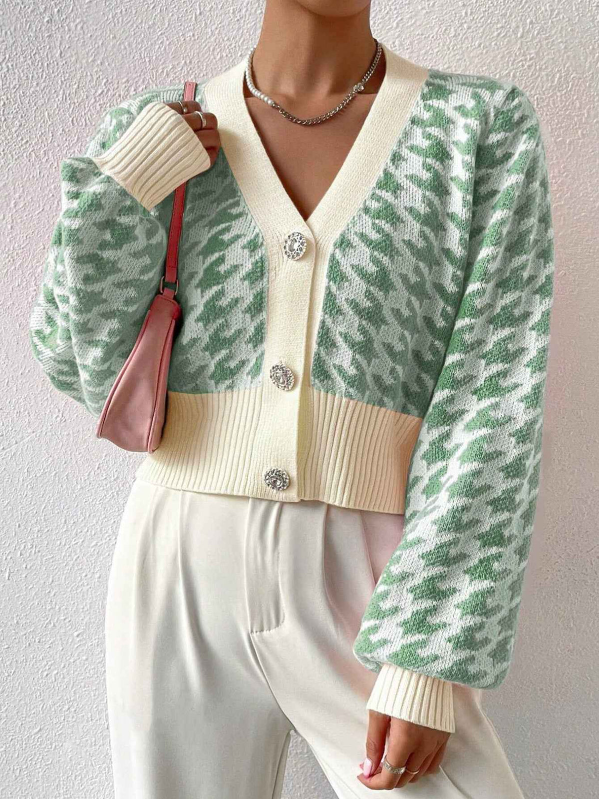 Tiphaine | Women's Cropped V-Neck Cardigan Pink and Green
