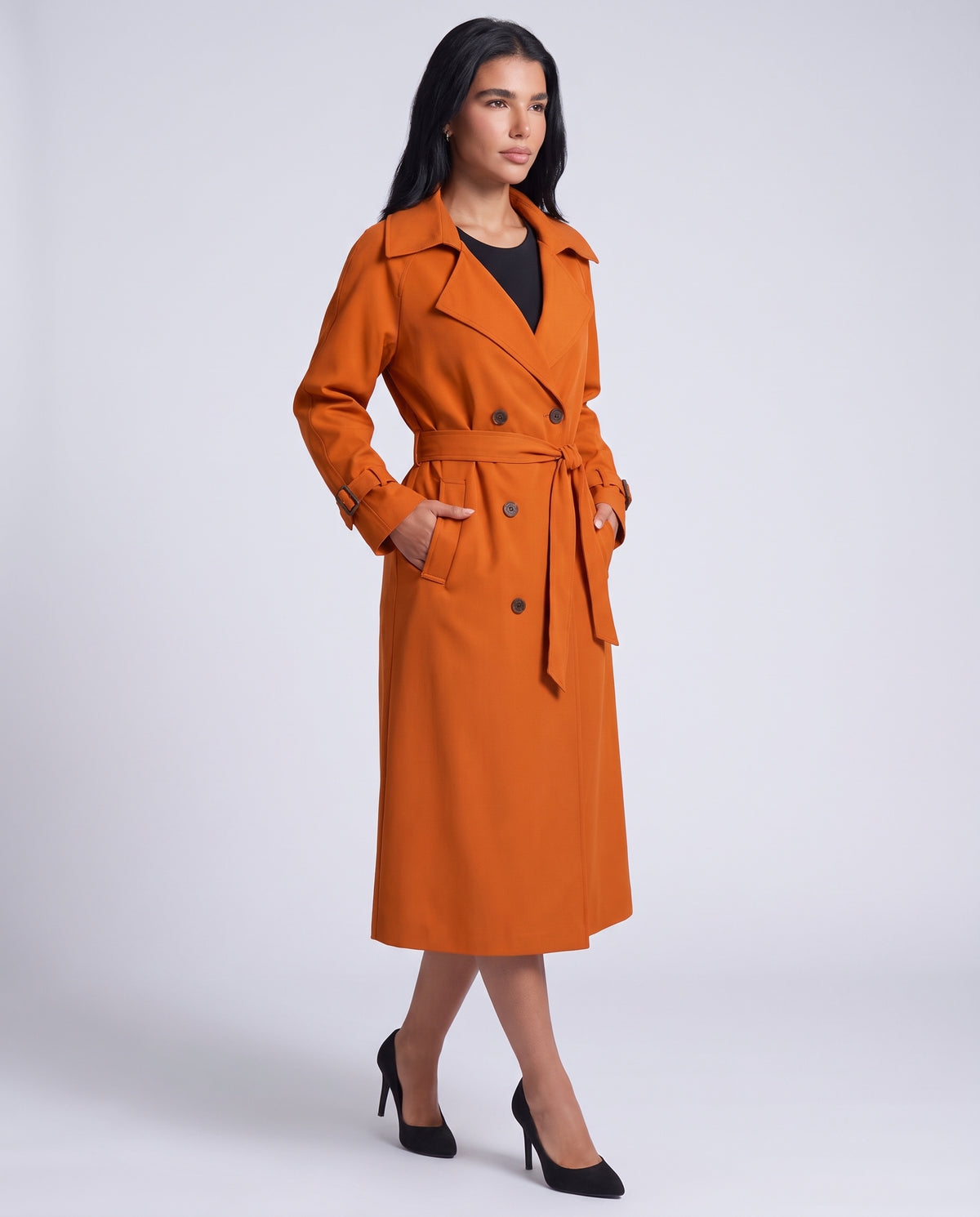 Marlowe longline belted trench coat in Orange - front view 2
