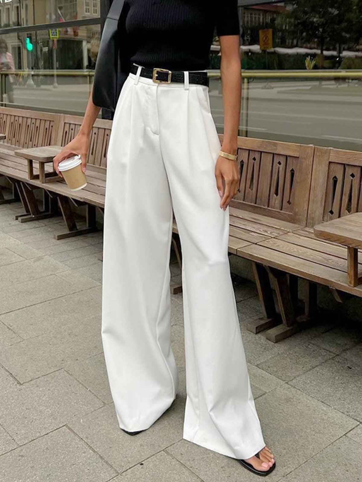 Brigitta | Women's High Waisted Pleated Wide Leg Trousers White and Black
