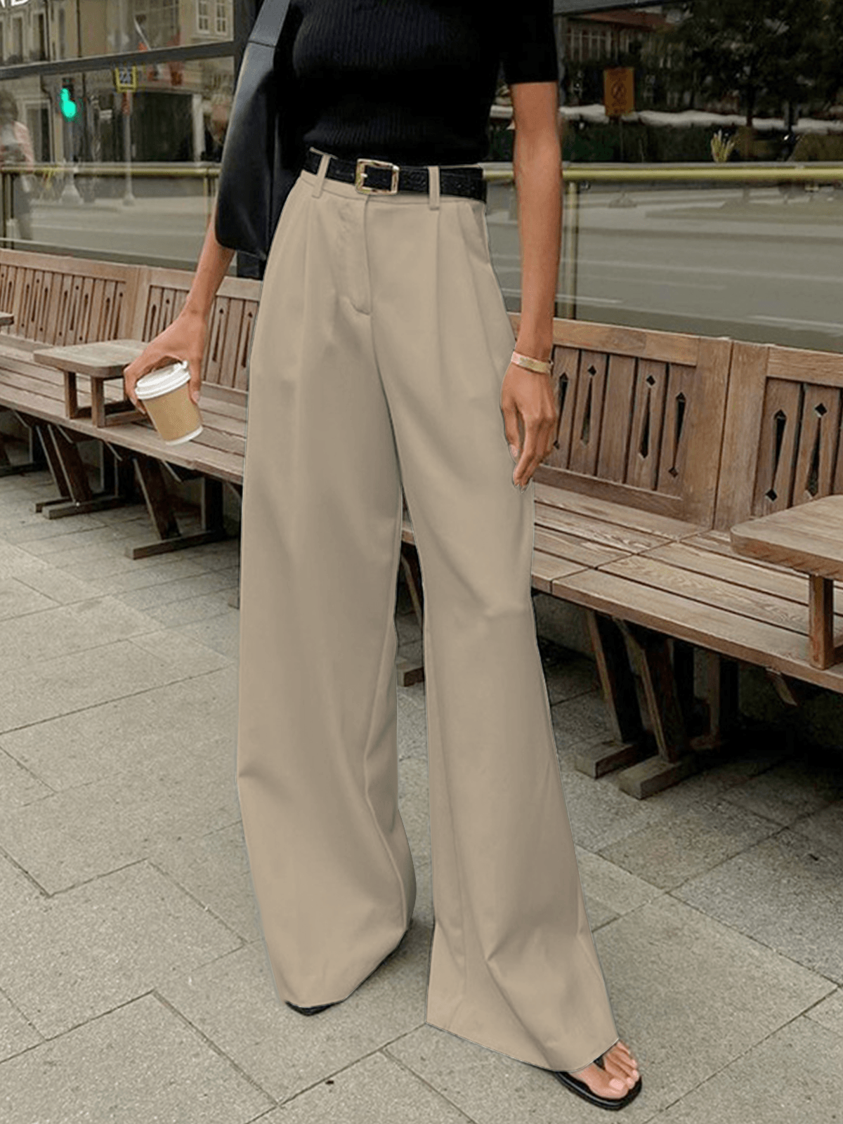 Brigitta | Women's High Waisted Pleated Wide Leg Trousers White and Black