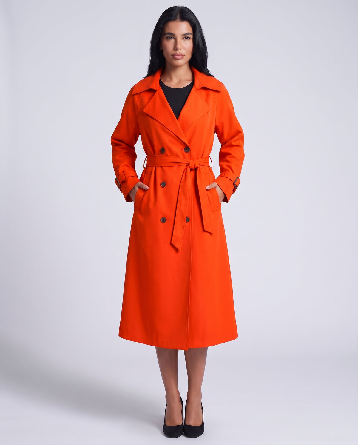 Marlowe longline belted trench coat in Orange Red - front