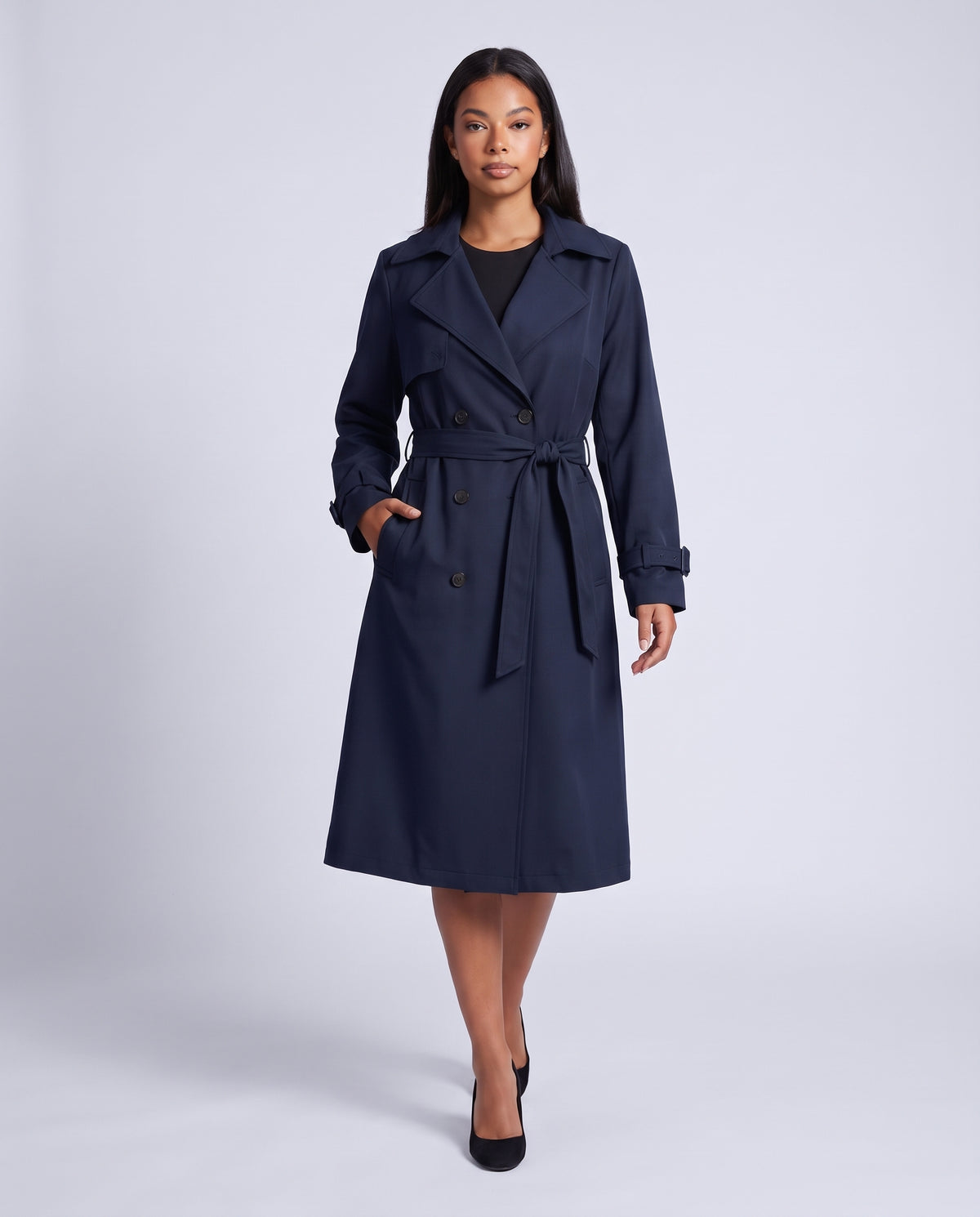 Bridget longline belted trench coat in Navy Blue - front