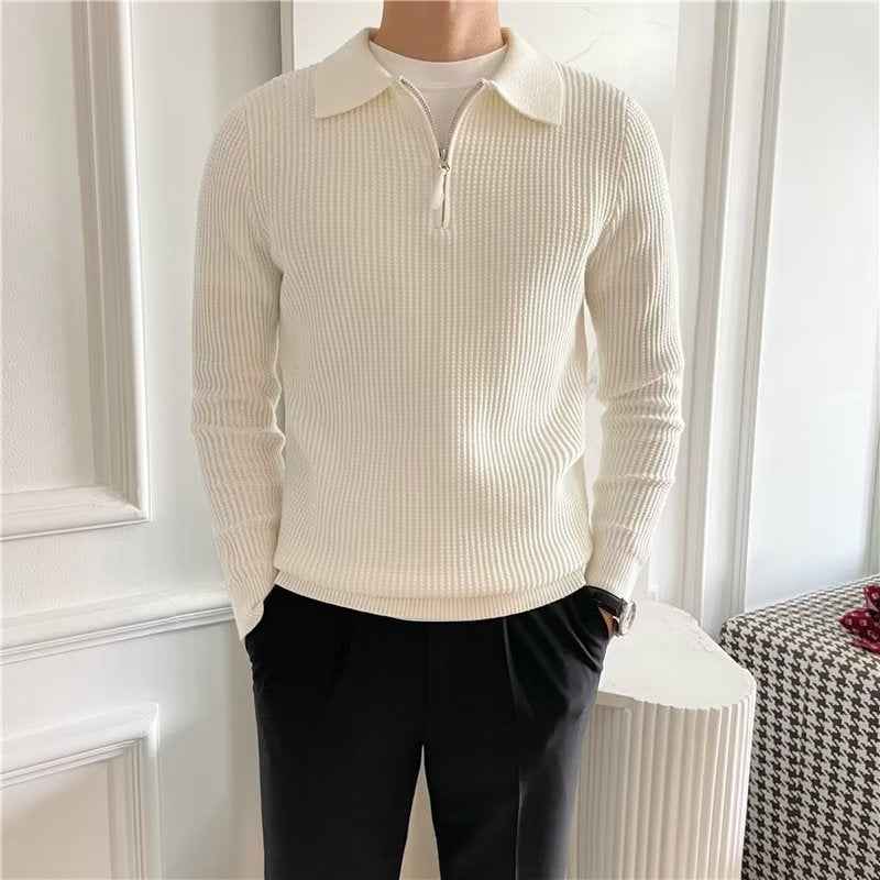 Houghton | Men's Zip-Up Collared Jumper in White and Black