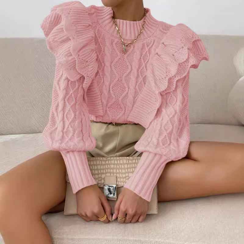 Elettra | Women's Ruffle Cable Knit Long Sleeve Jumper