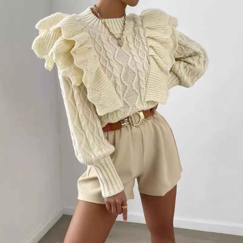Elettra | Women's Ruffle Cable Knit Long Sleeve Jumper