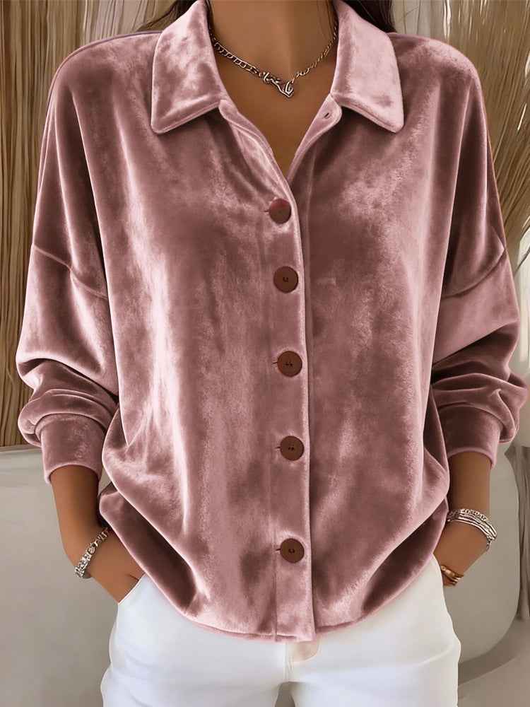 Opal | Women's Velvet Button Down Blouse With Front Pockets
