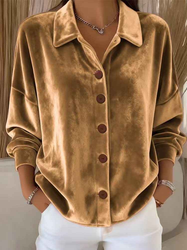 Opal | Women's Velvet Button Down Blouse With Front Pockets