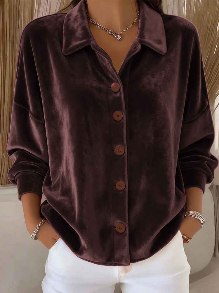 Opal | Women's Velvet Button Down Blouse With Front Pockets