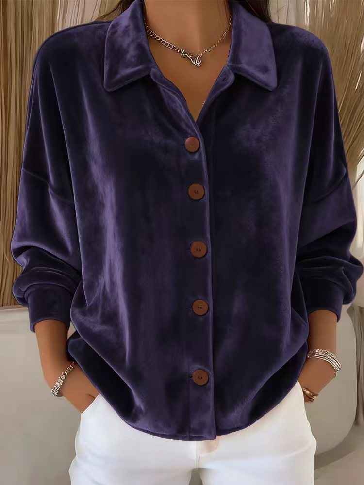 Opal | Women's Velvet Button Down Blouse With Front Pockets