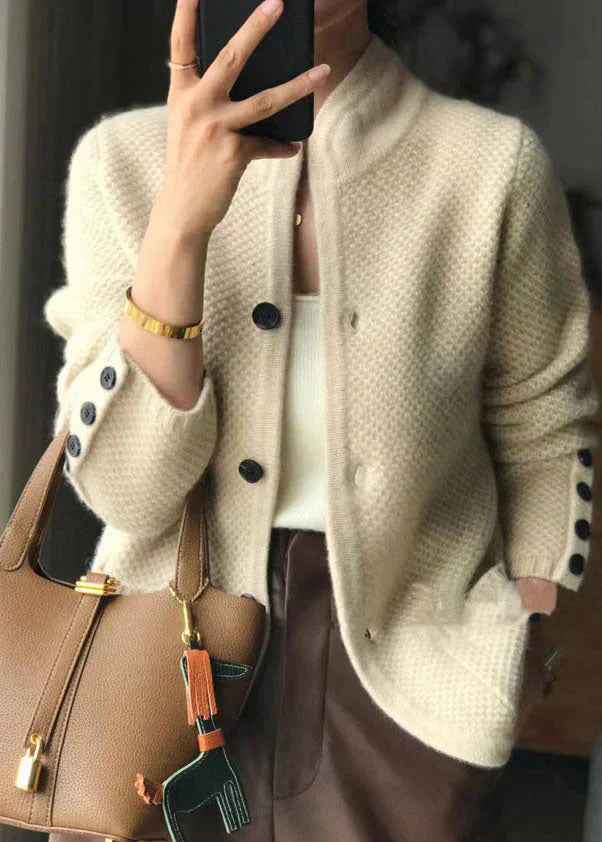 Mariette | Women's Button-Front Long Sleeve Cardigan in Off White and Camel