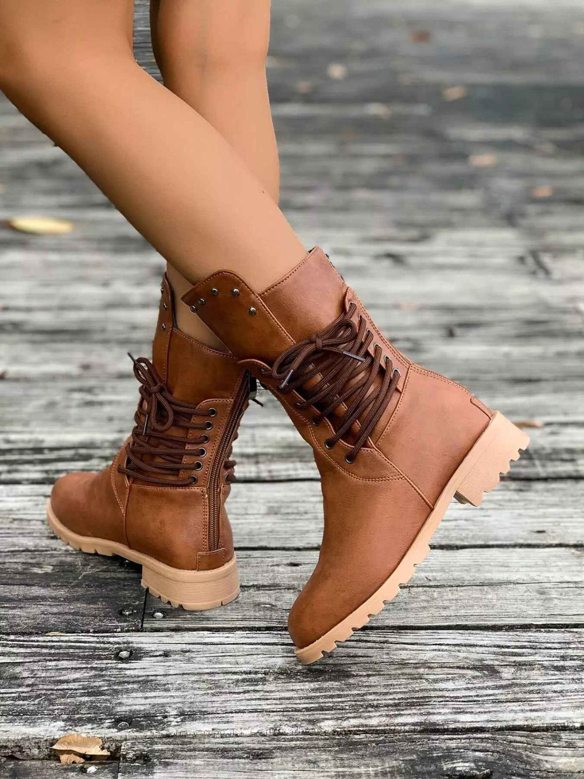 Magdalena | Women's Lace-Up Mid-Calf Boots Lug Sole Studded