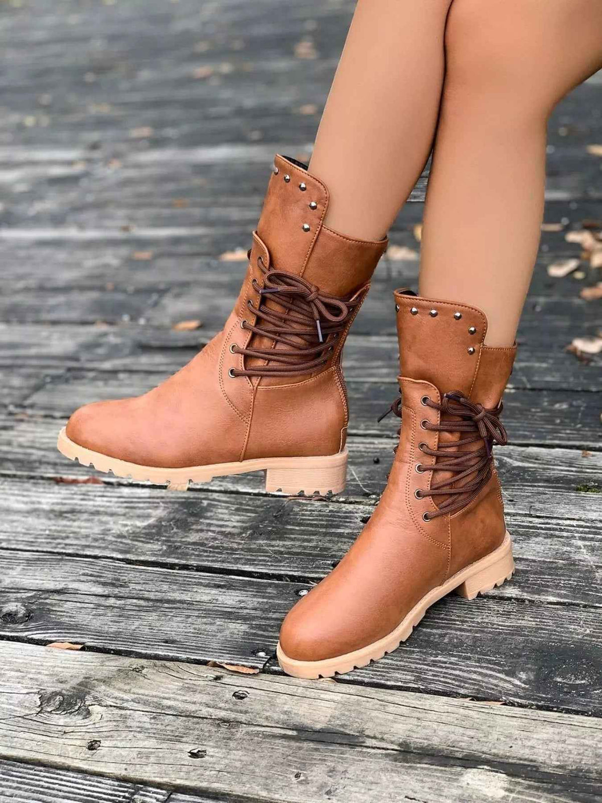 Magdalena | Women's Lace-Up Mid-Calf Boots Lug Sole Studded