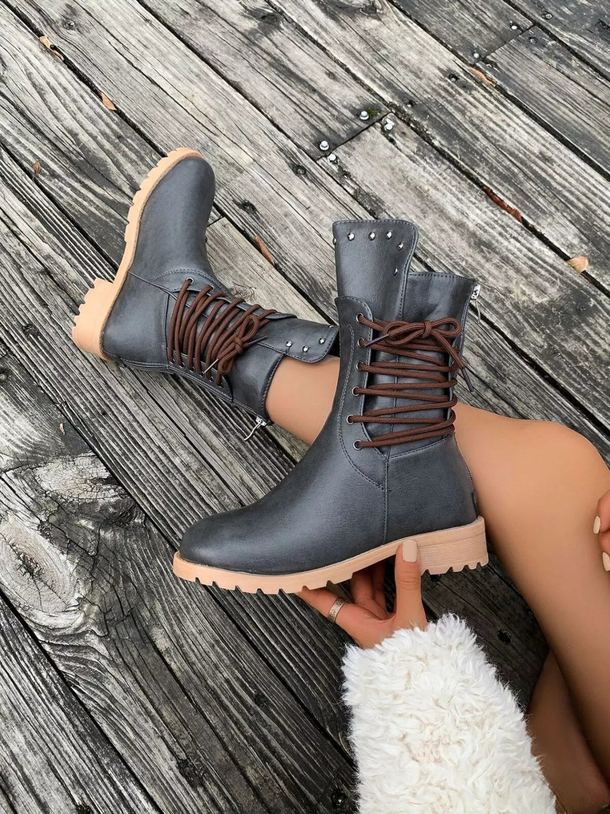 Magdalena lace-up mid-calf boots profile view