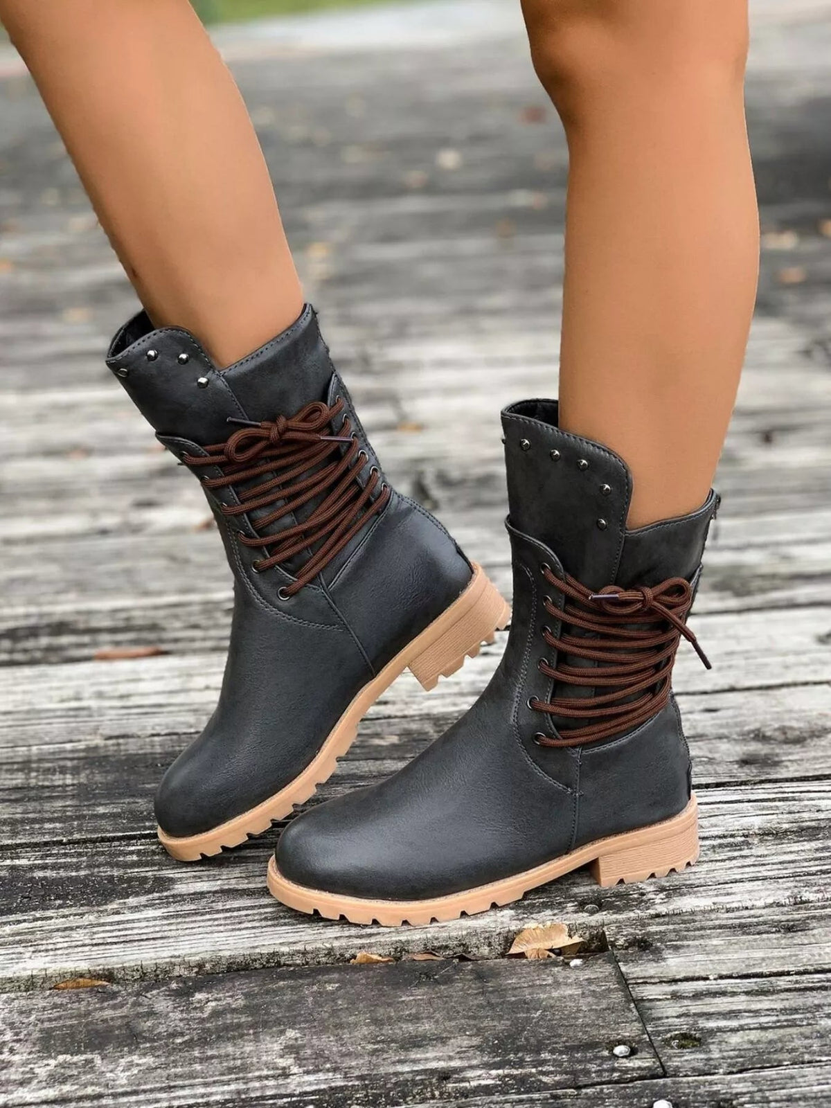 Magdalena lace-up mid-calf boots close-up view