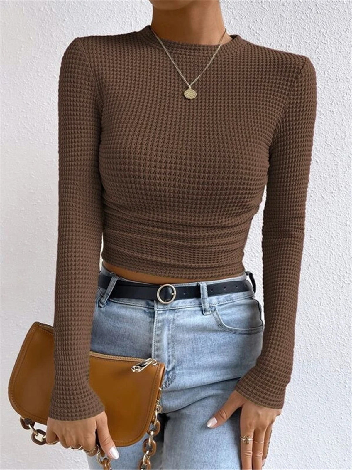 Bettina fitted long sleeve top in Brown