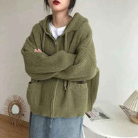 Alvina | Women's Zip-Up Hooded Cardigan in Green and Black