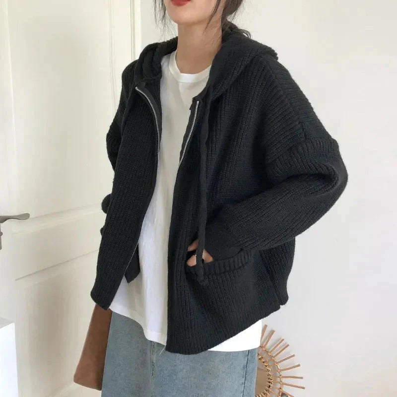Alvina zip-up hooded cardigan in Black