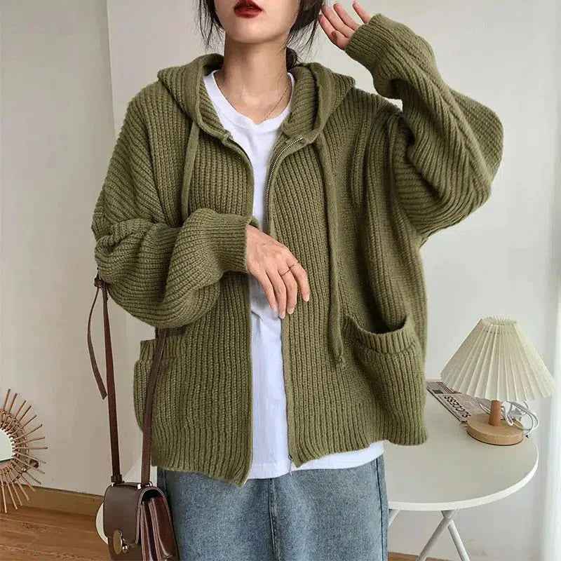 Alvina | Women's Zip-Up Hooded Cardigan in Green and Black
