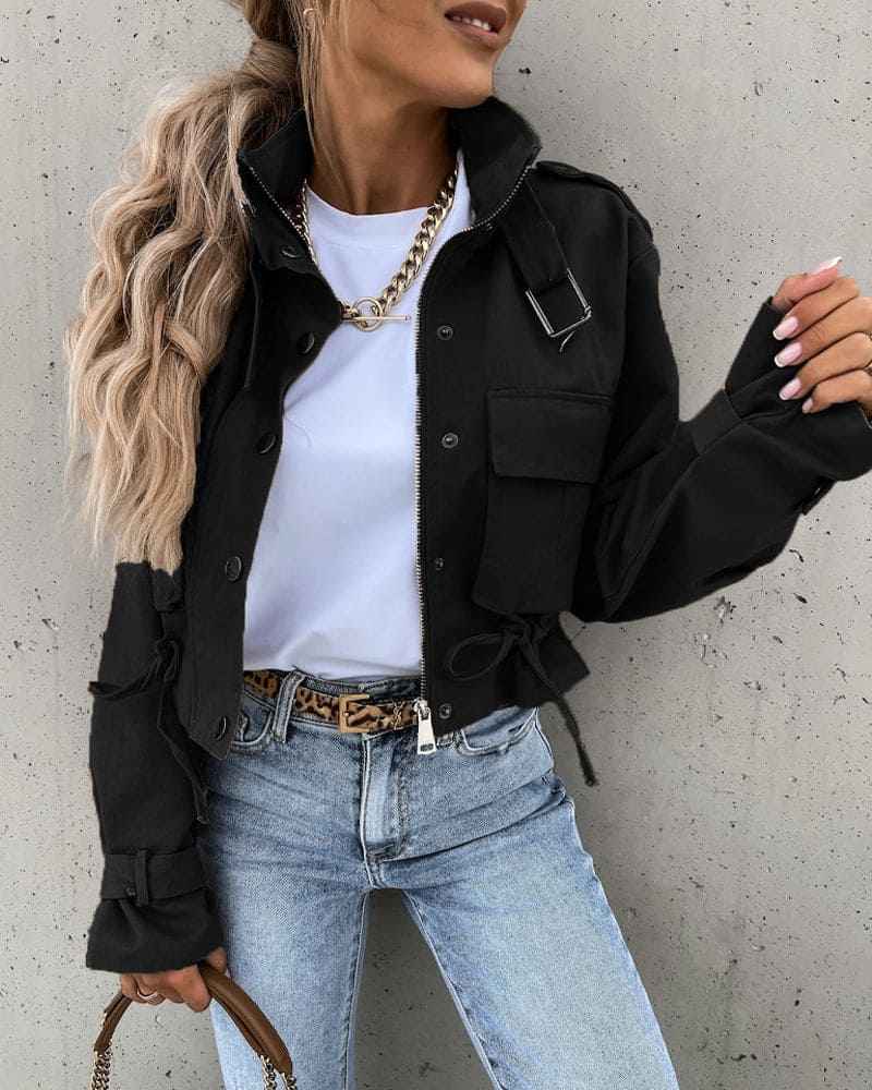 Honoria | Women's Cropped Button-Down Utility Jacket in Black and Army