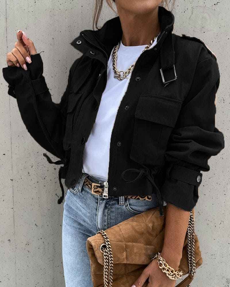 Honoria | Women's Cropped Button-Down Utility Jacket in Black and Army
