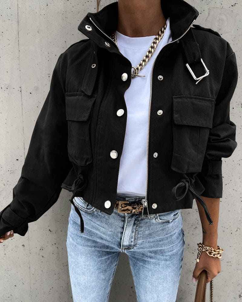 Honoria | Women's Cropped Button-Down Utility Jacket in Black and Army