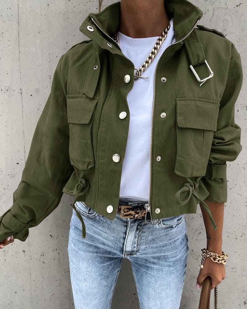 Honoria | Women's Cropped Button-Down Utility Jacket in Black and Army