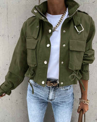 Honoria | Women's Cropped Button-Down Utility Jacket in Black and Army