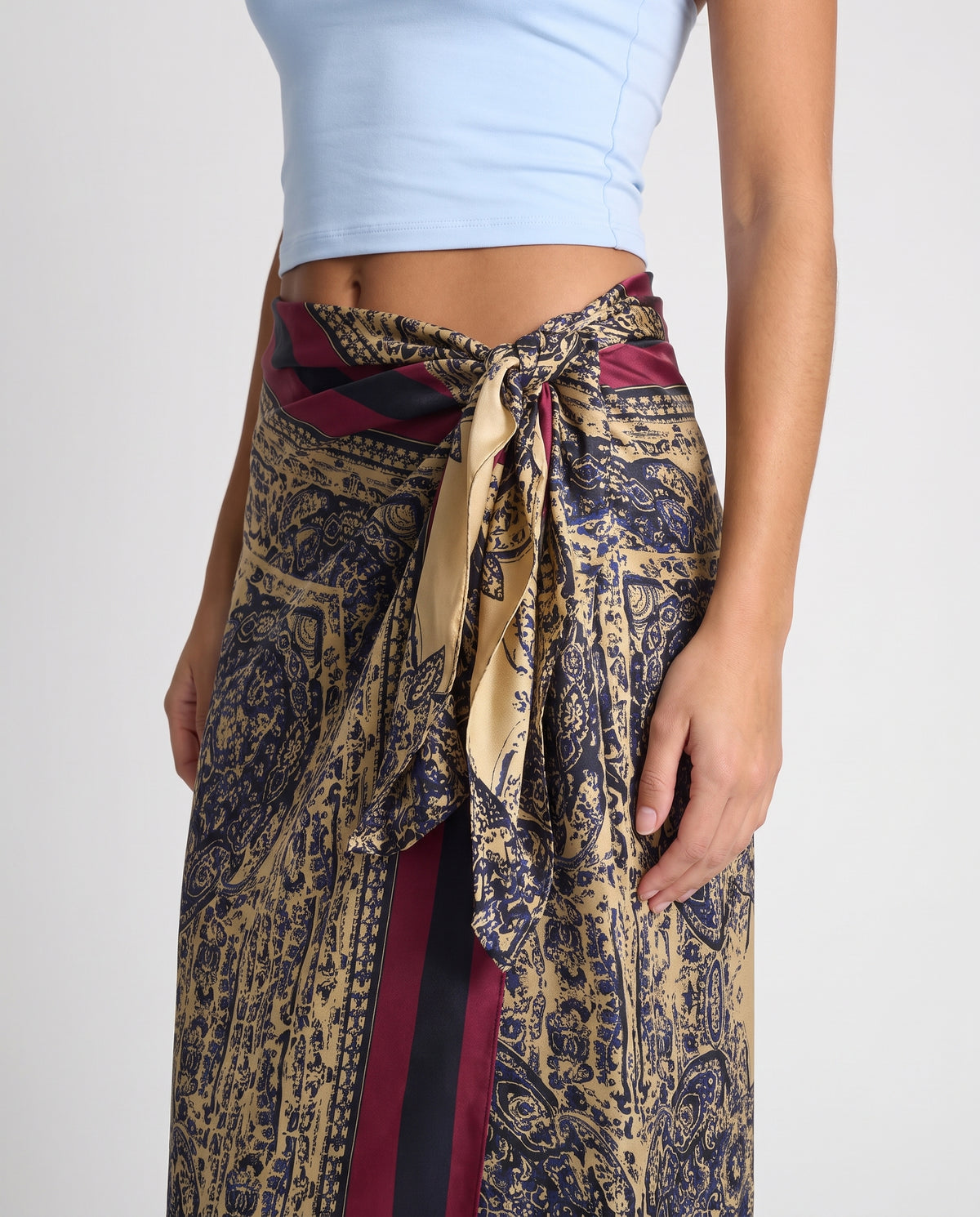 Poppy paisley wrap maxi skirt close-up detail