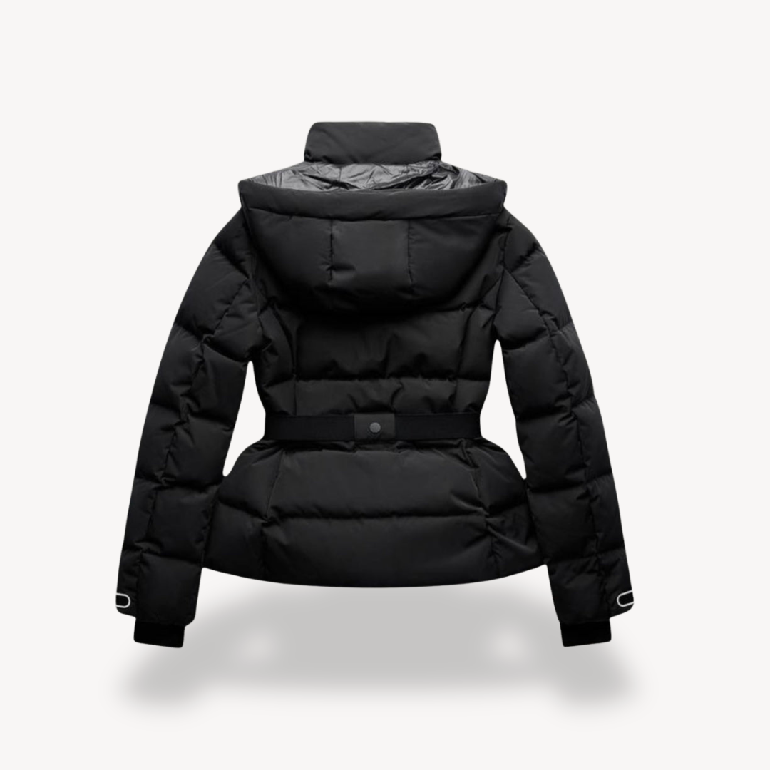 Maelys belted puffer jacket detail view two
