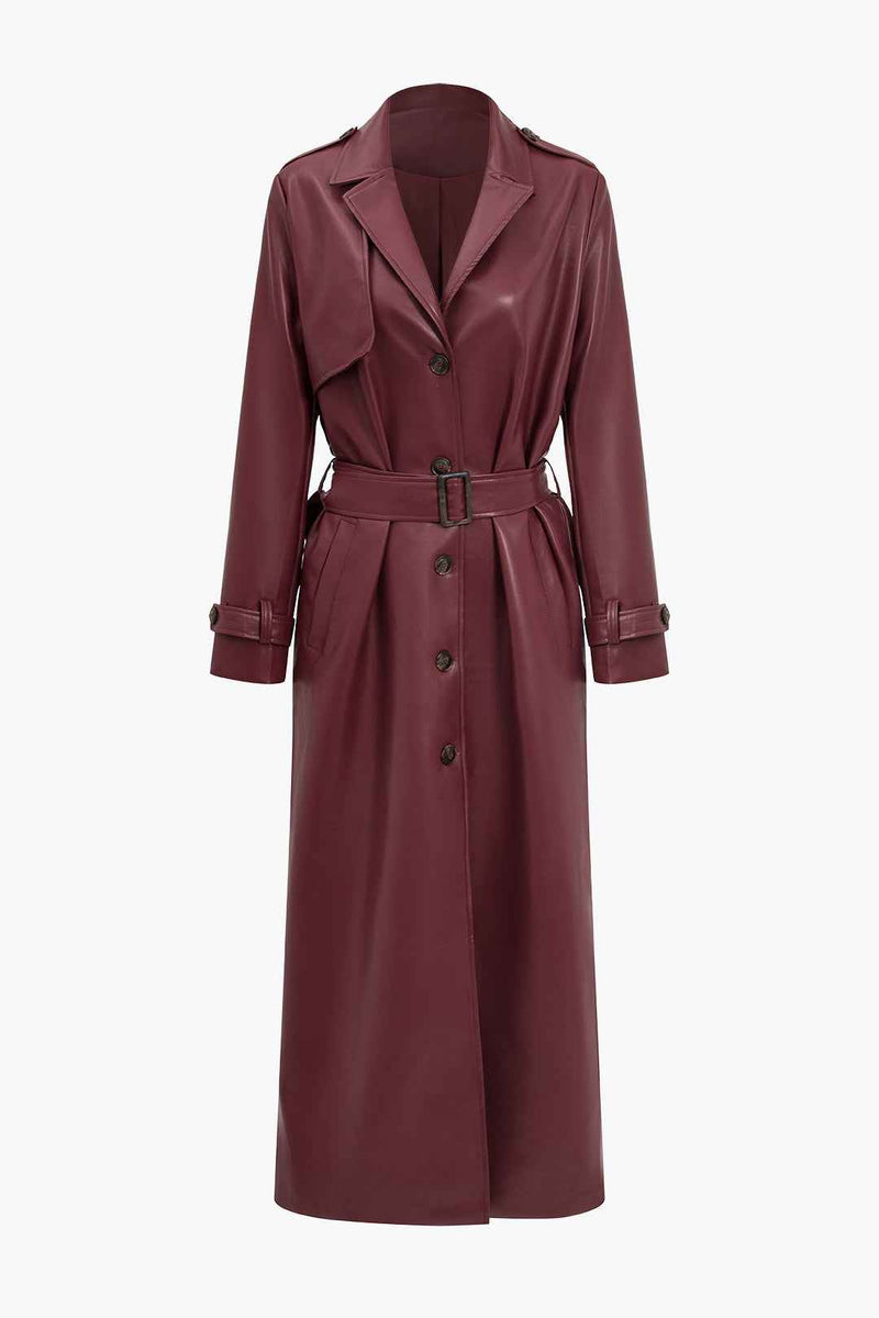 Nerissa | Women's Long Belted Trench Coat Burgundy and Black