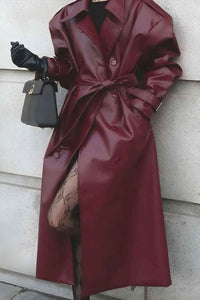 Nerissa | Women's Long Belted Trench Coat Burgundy and Black