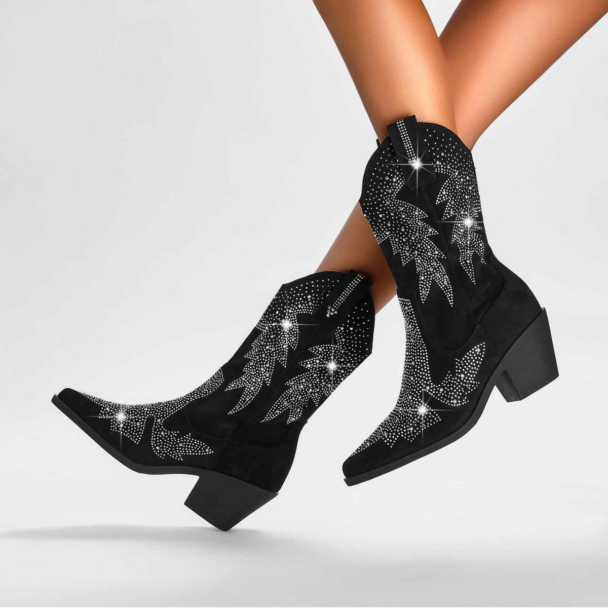 Sigrid | Women's Embellished Mid Calf Pointed Toe Boots Black